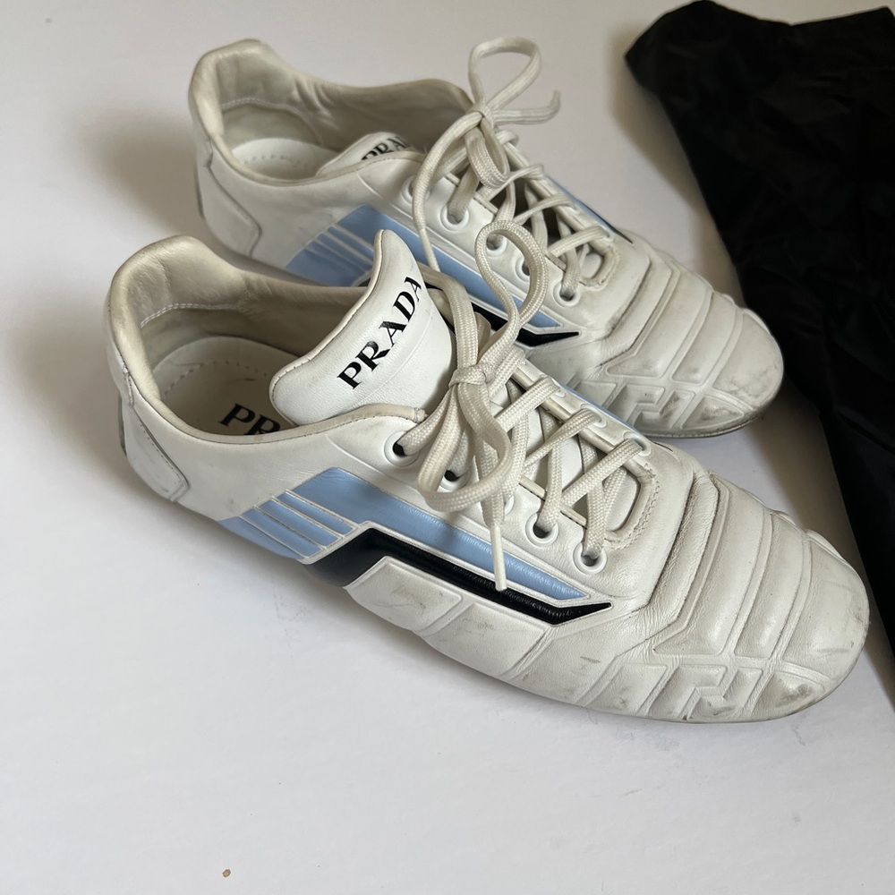 Prada womens White Leather Sneakers with Light Blue and Black Accents size 36 - Picture 2 of 13